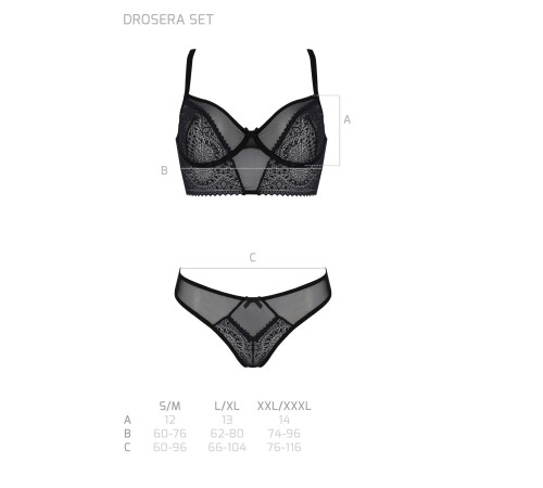 Комплект Passion DROSERA SET black S/M, сітка+мереживо, бюстьє та трусики танга