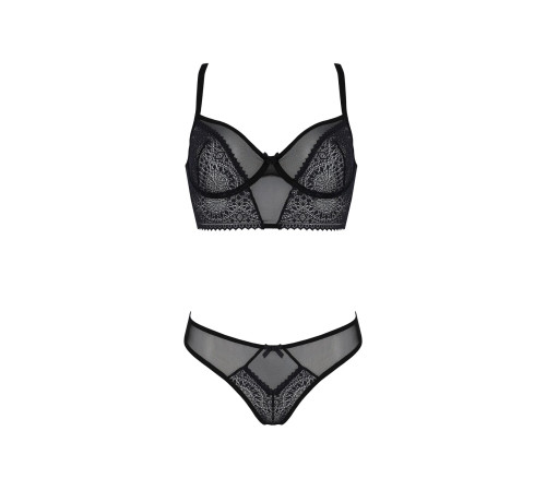 Комплект Passion DROSERA SET black S/M, сітка+мереживо, бюстьє та трусики танга