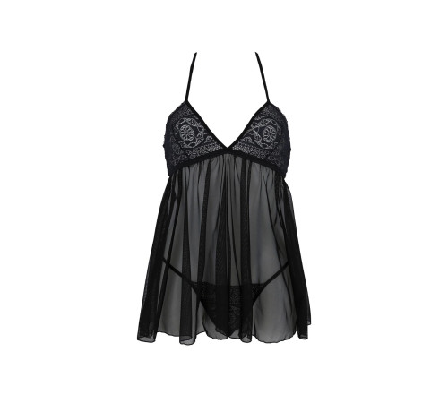 Пеньюар Passion KERRIA CHEMISE black, L/XL, мереживний верх, трусики в комплекті