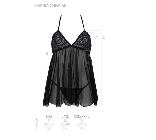 Пеньюар Passion KERRIA CHEMISE black, L/XL, мереживний верх, трусики в комплекті